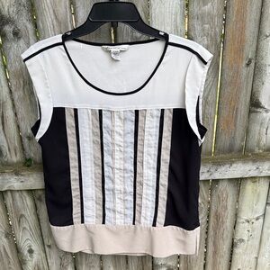 Kenneth Cole sleeveless top shell blouse black ivory tan strips neutral modest M